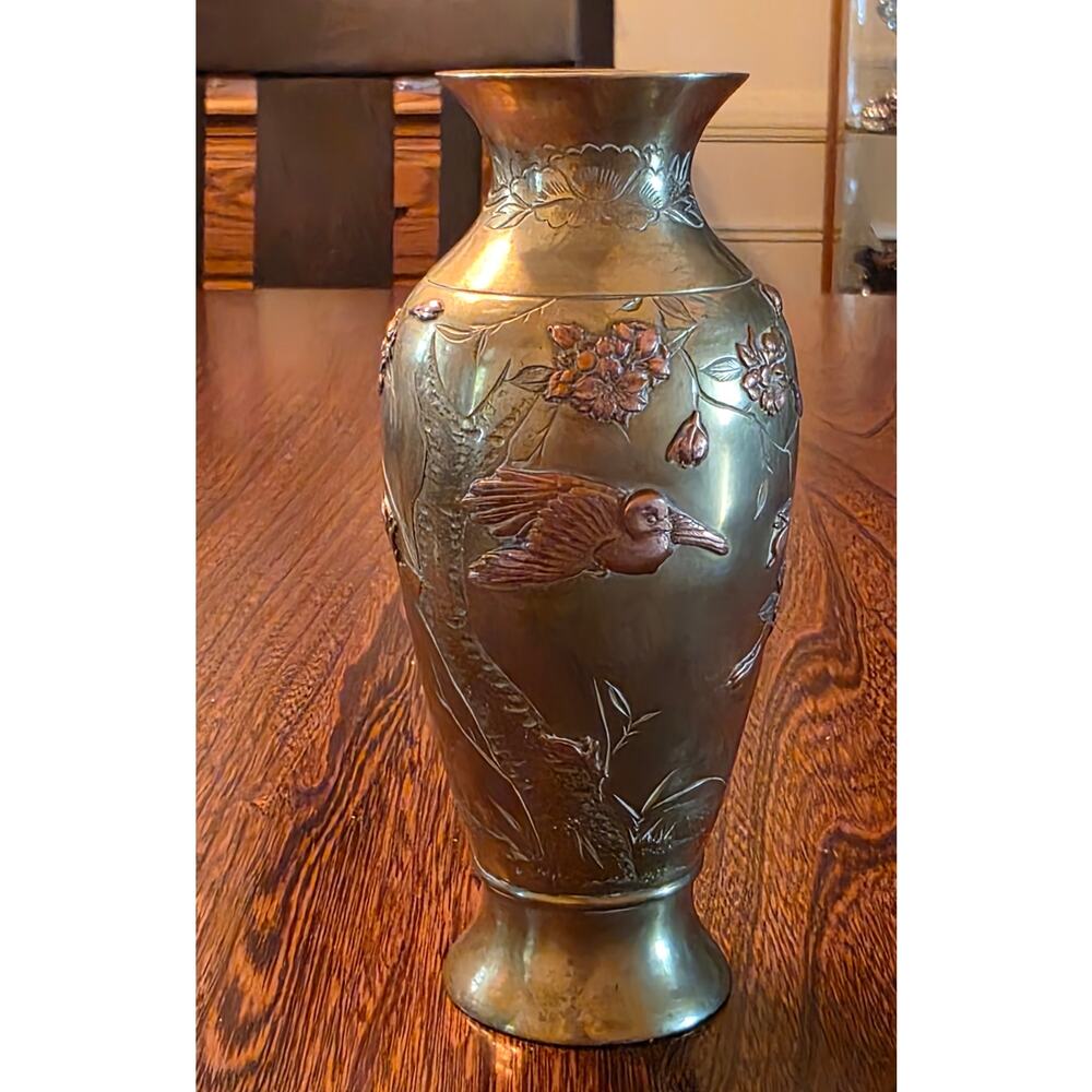 Mixed Metal Brass and Copper Vase Uchidashi Zogan Bird Cherry Blossoms Japanese